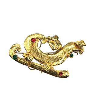Gold Tone Christmas Stylized Sleigh Brooch with Wire Wrapped Gifts and Crystals